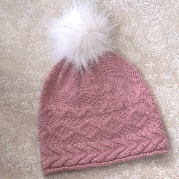 NWOT White Pine 100% Cashmere Mauve Pink Knit Beanie Hat w/ Faux Fur White Pom main image 11